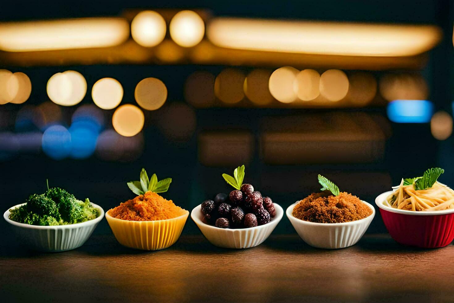 cinco bochas de diferente comidas en un mesa. generado por ai foto