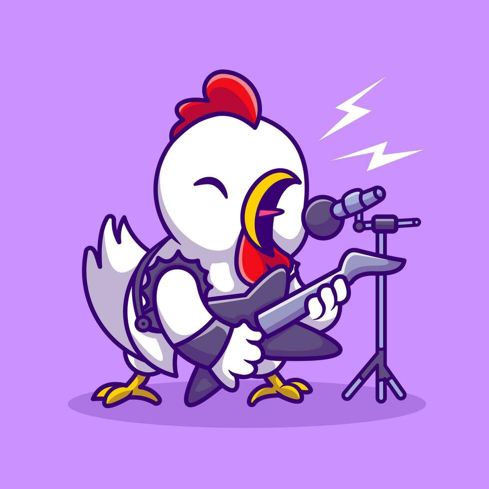 Cute Chicken Rocker With Guitar Cartoon Vector Icon Illustration.  Animal Music Icon Concept Isolated Premium Vector. Flat Cartoon  Style