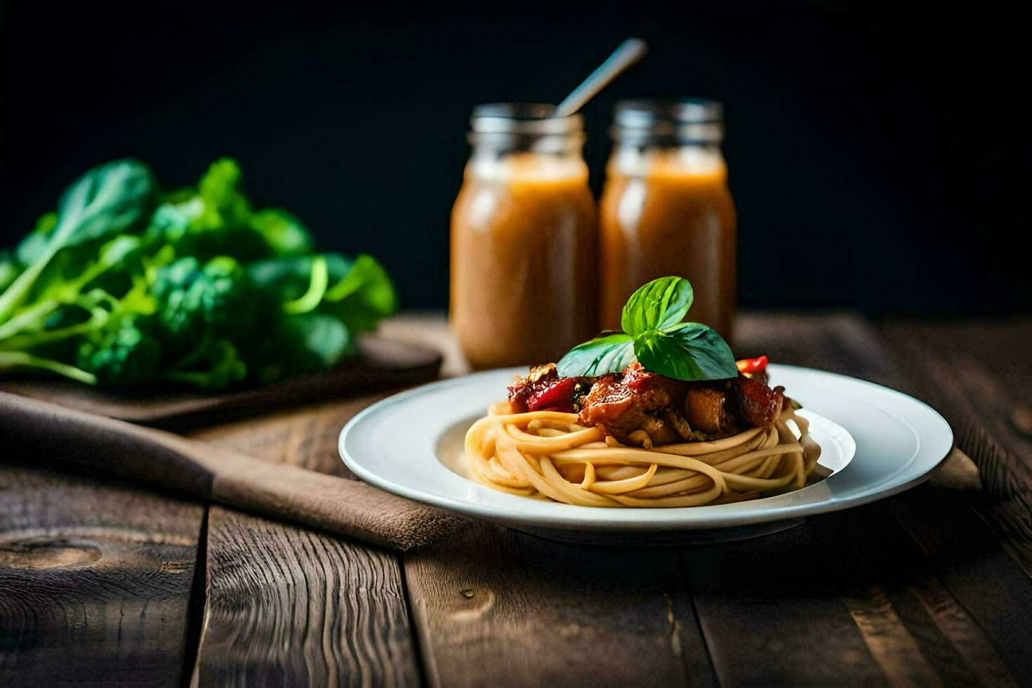 spaghetti with tomato sauce and vegetables on a plate. AI-Generated photo