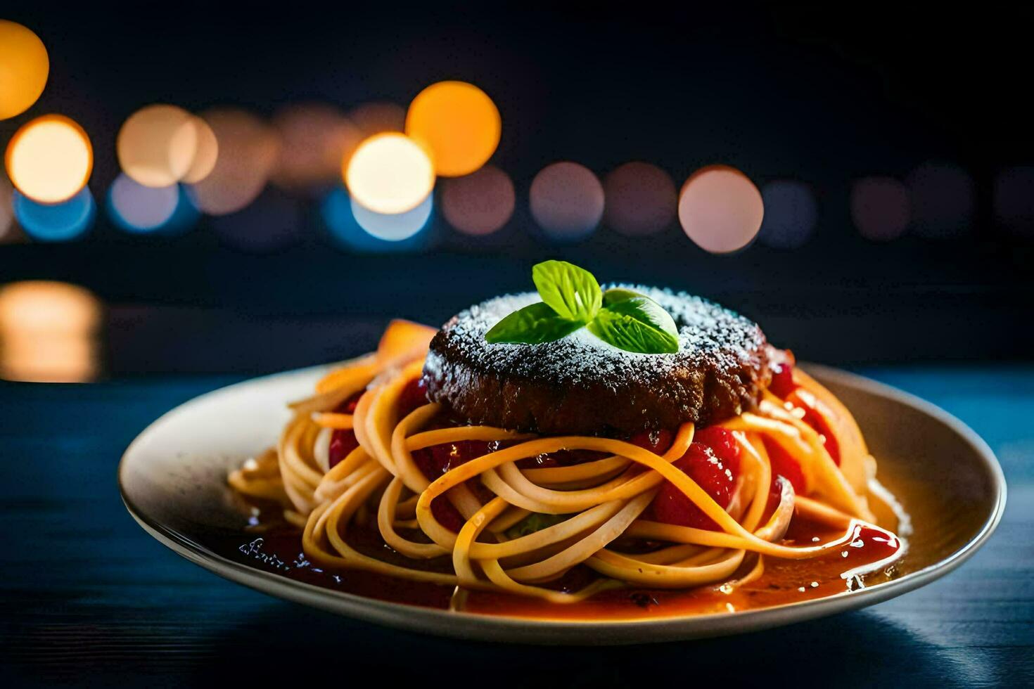 spaghetti with meat and tomato sauce on a plate. AI-Generated photo