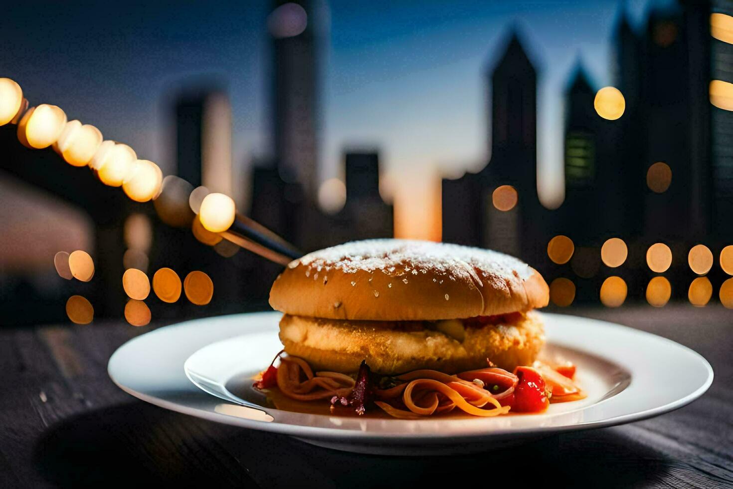 a burger with spaghetti on top of it in front of a city skyline. AI-Generated photo