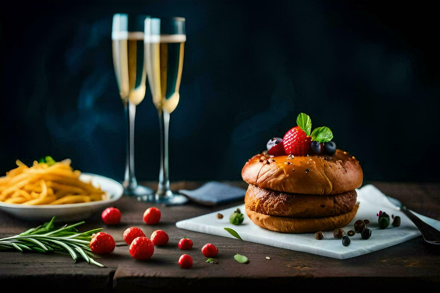 a hamburger with berries and champagne on a table. AI-Generated photo