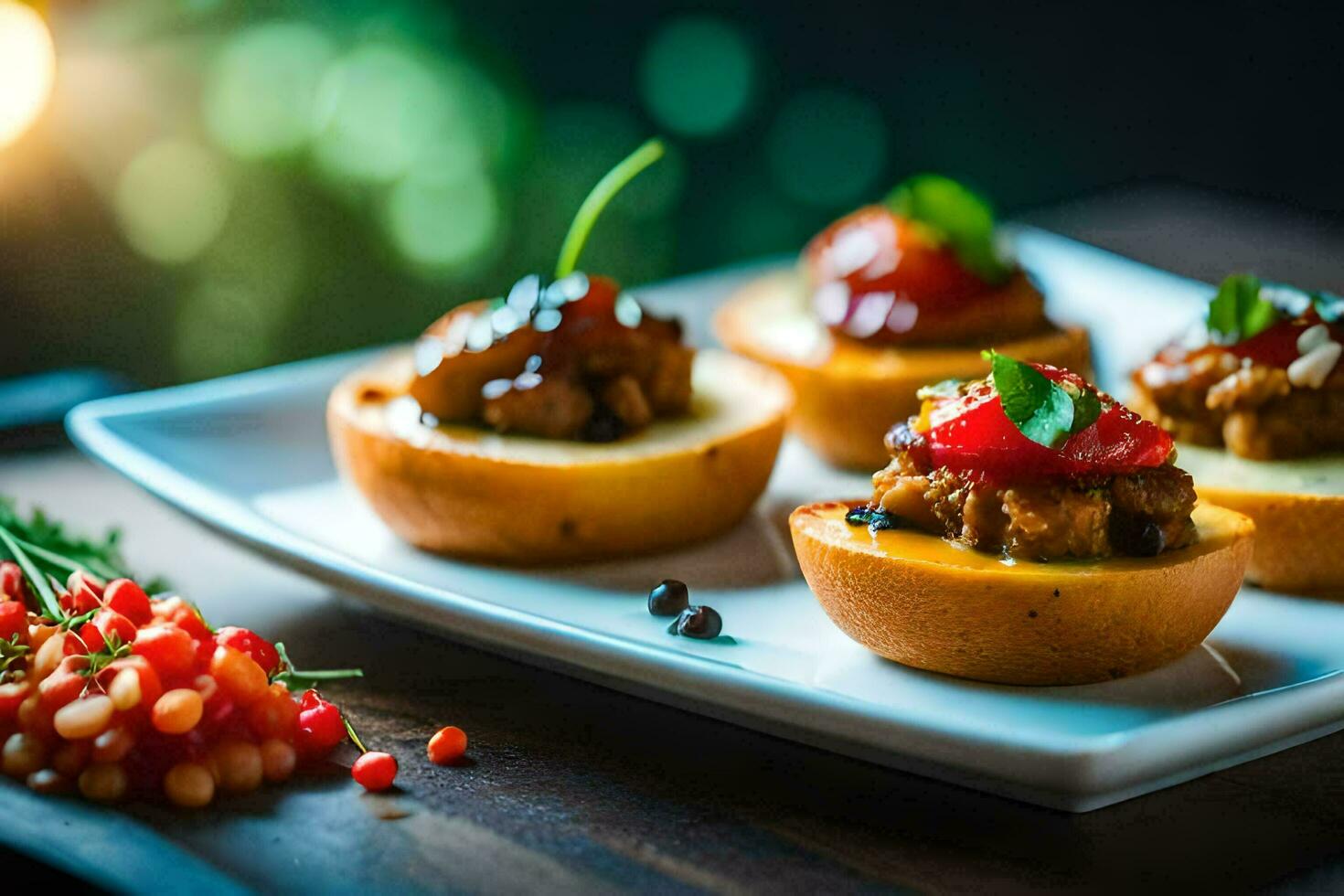 pequeño aperitivos en un plato con bayas. generado por ai foto