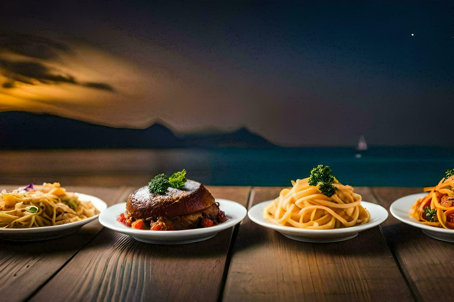 a table with four plates of pasta and other food. AI-Generated photo