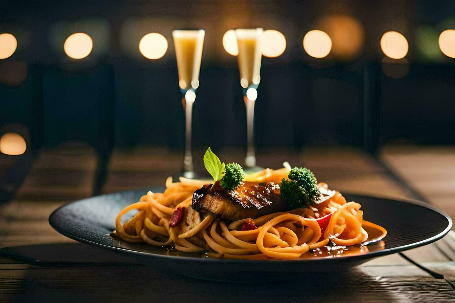un plato de espaguetis con carne y vegetales en un de madera mesa. generado por ai foto