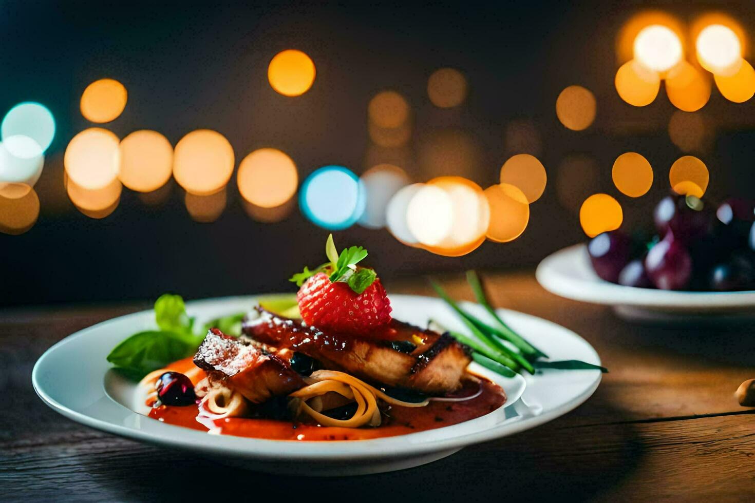 a plate of food with meat, strawberries and sauce. AI-Generated photo