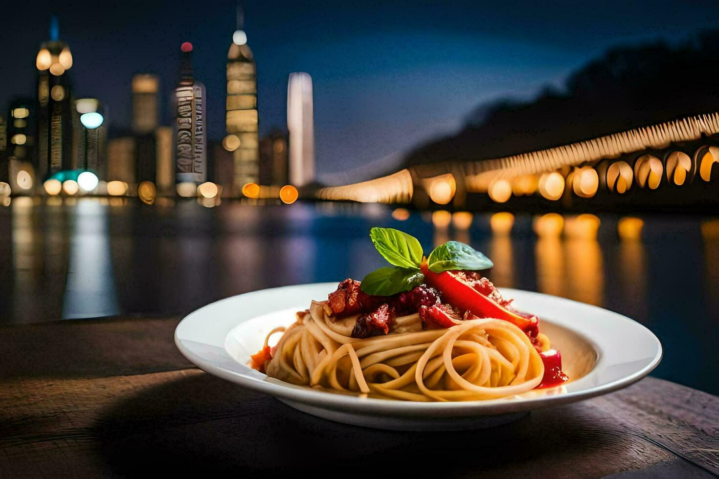 a plate of spaghetti with a view of the city. AI-Generated photo