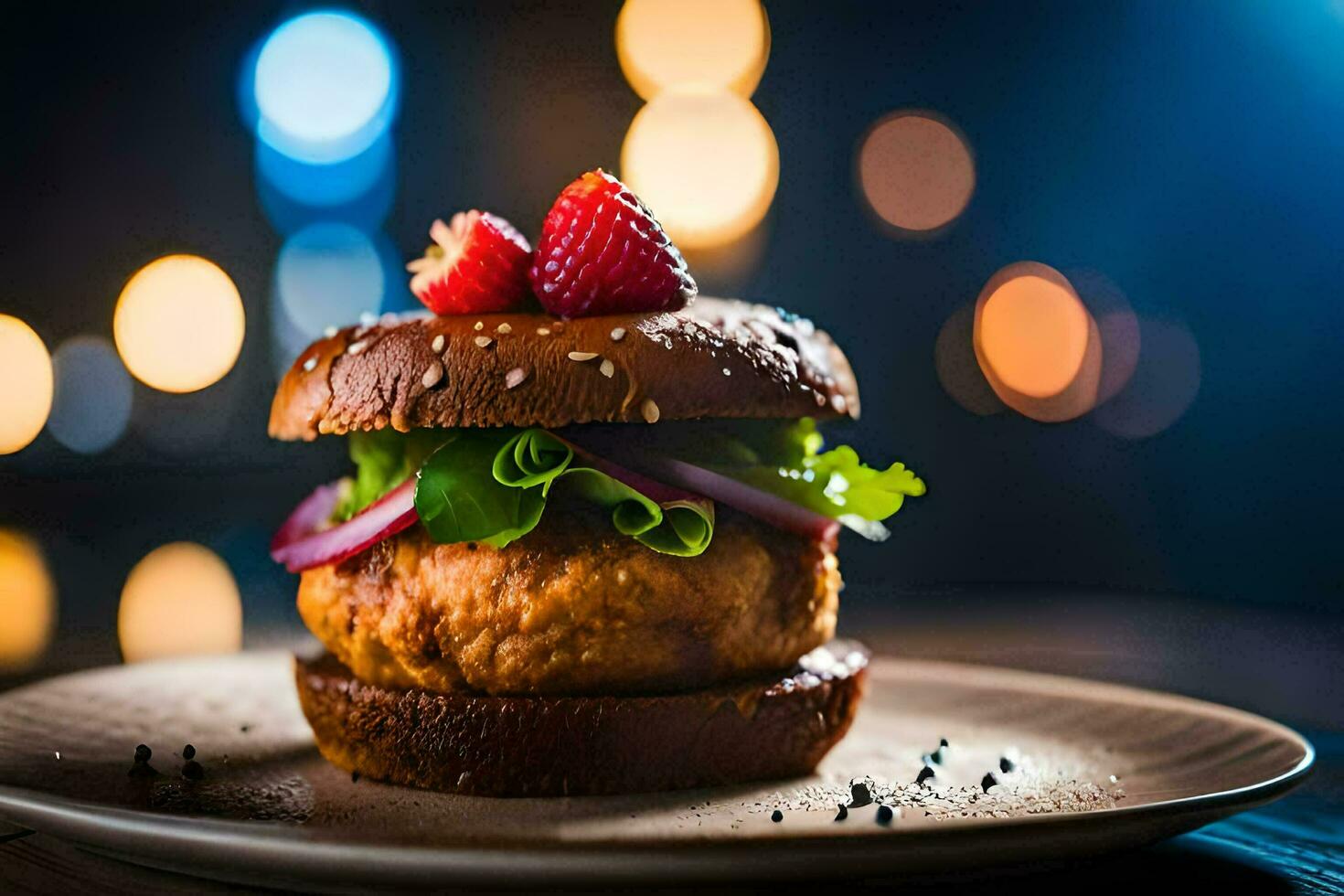 un hamburguesa con fresas y lechuga en un lámina. generado por ai foto