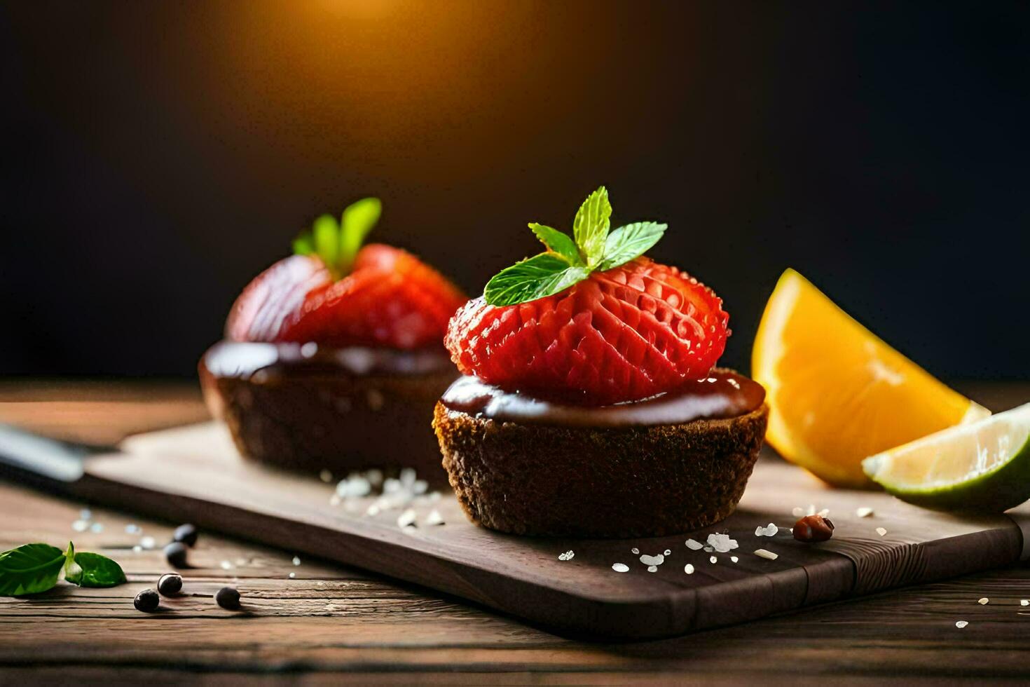 photo wallpaper fruit, strawberries, orange, chocolate, cake, dessert, strawberries, chocolate, cake. AI-Generated