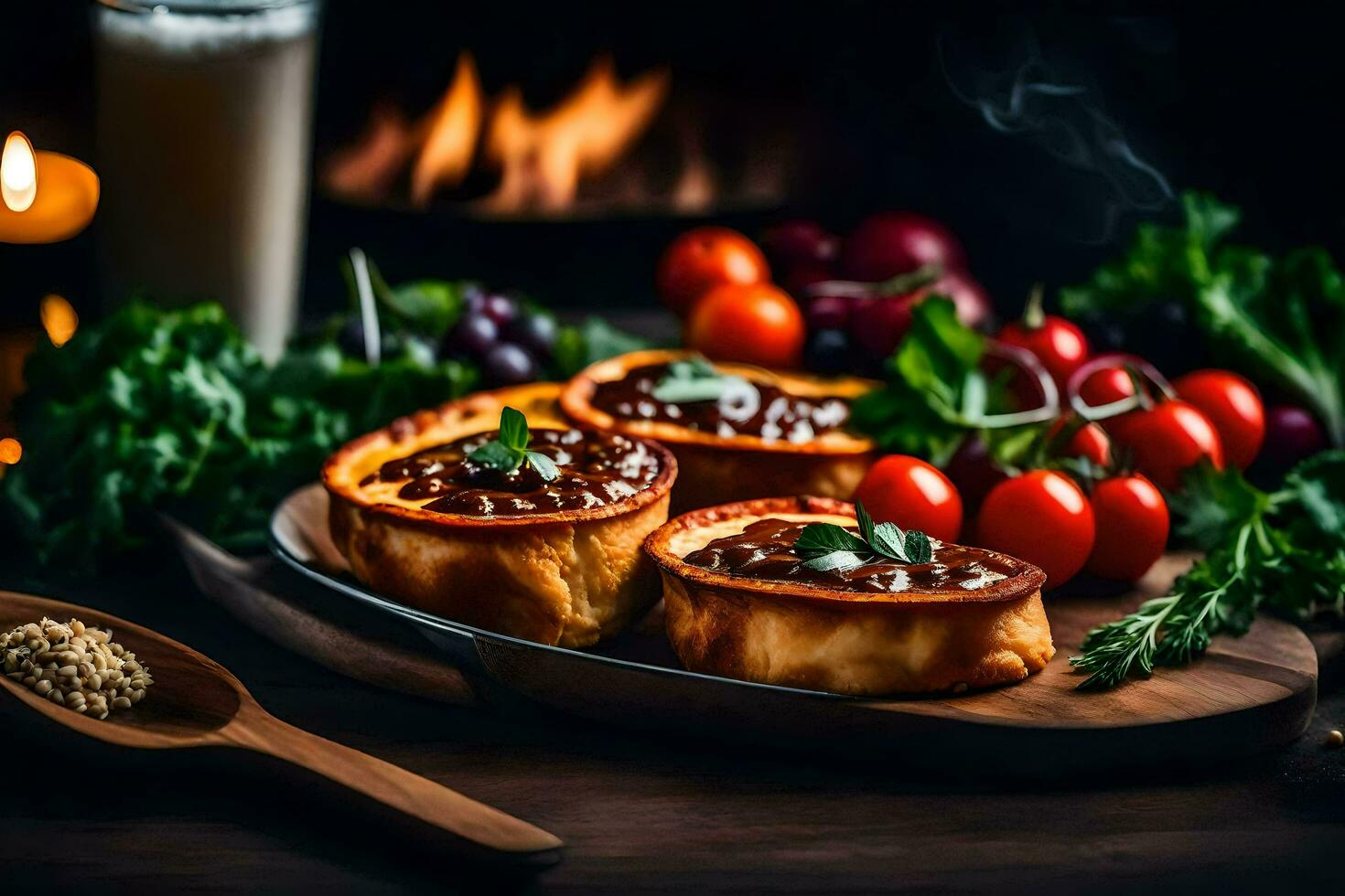 food on a table with a fire in the background. AI-Generated photo