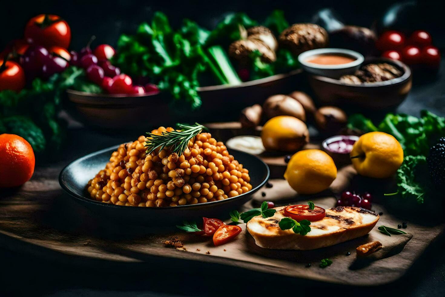 el comida es en un de madera mesa. generado por ai foto