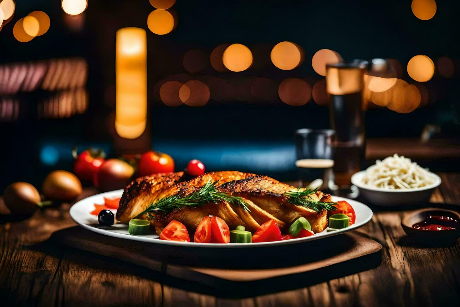 un plato de pollo con vegetales y arroz en un de madera mesa. generado por ai foto