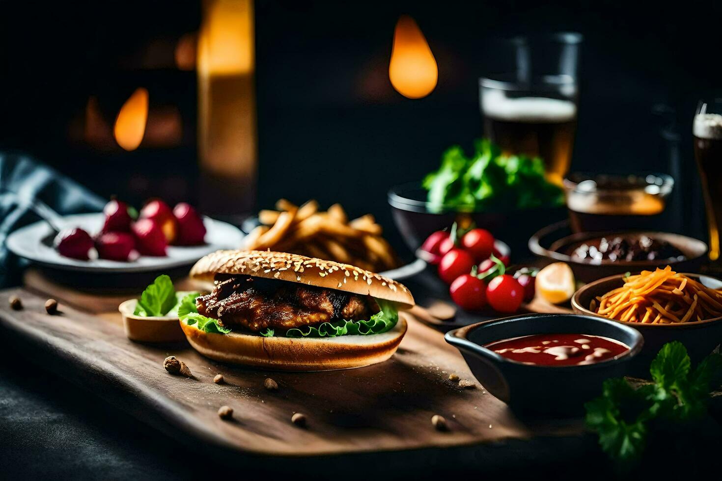 a hamburger, fries and other food on a wooden cutting board. AI-Generated photo