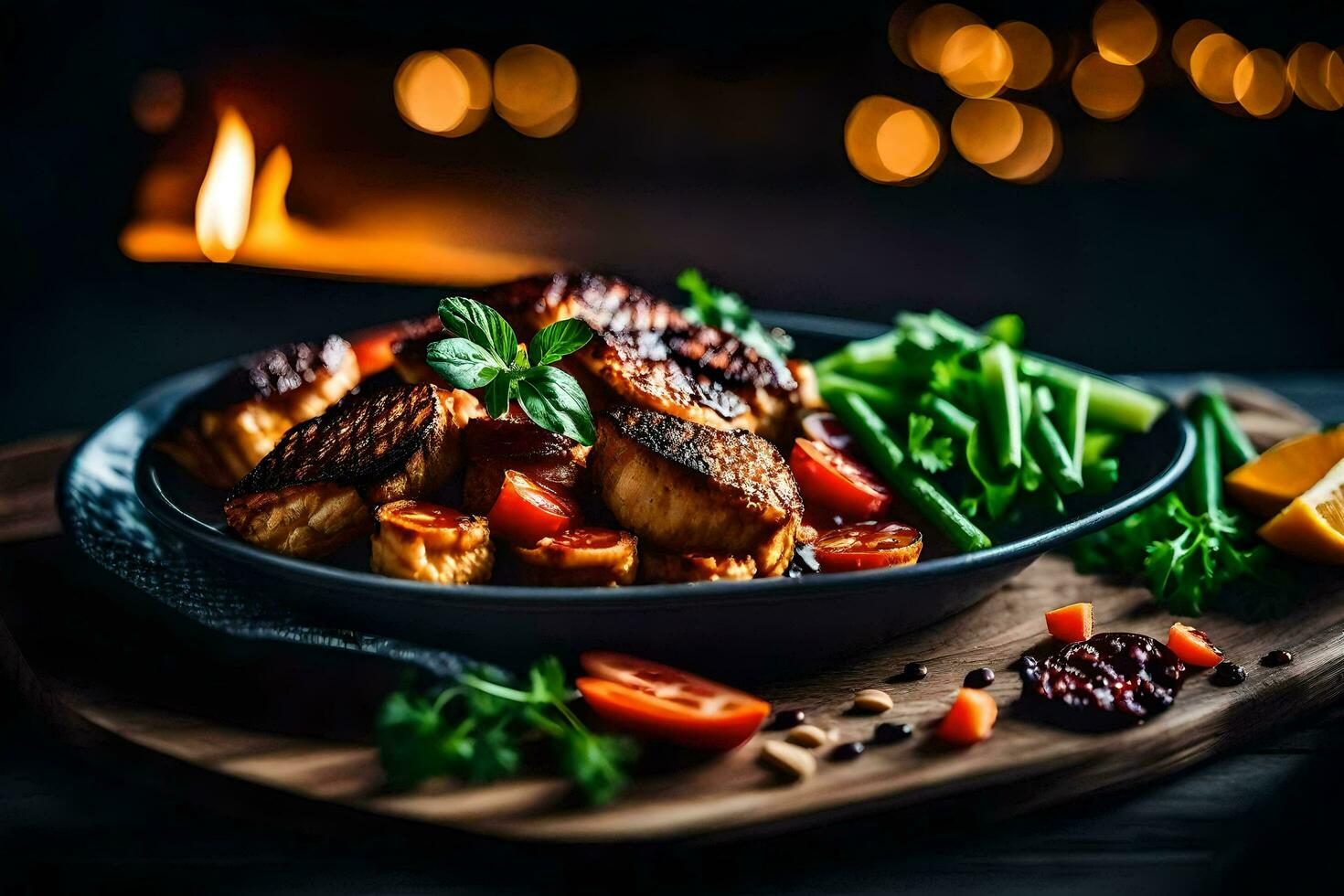 A la parrilla salmón con vegetales y Tomates en un lámina. generado por ai foto