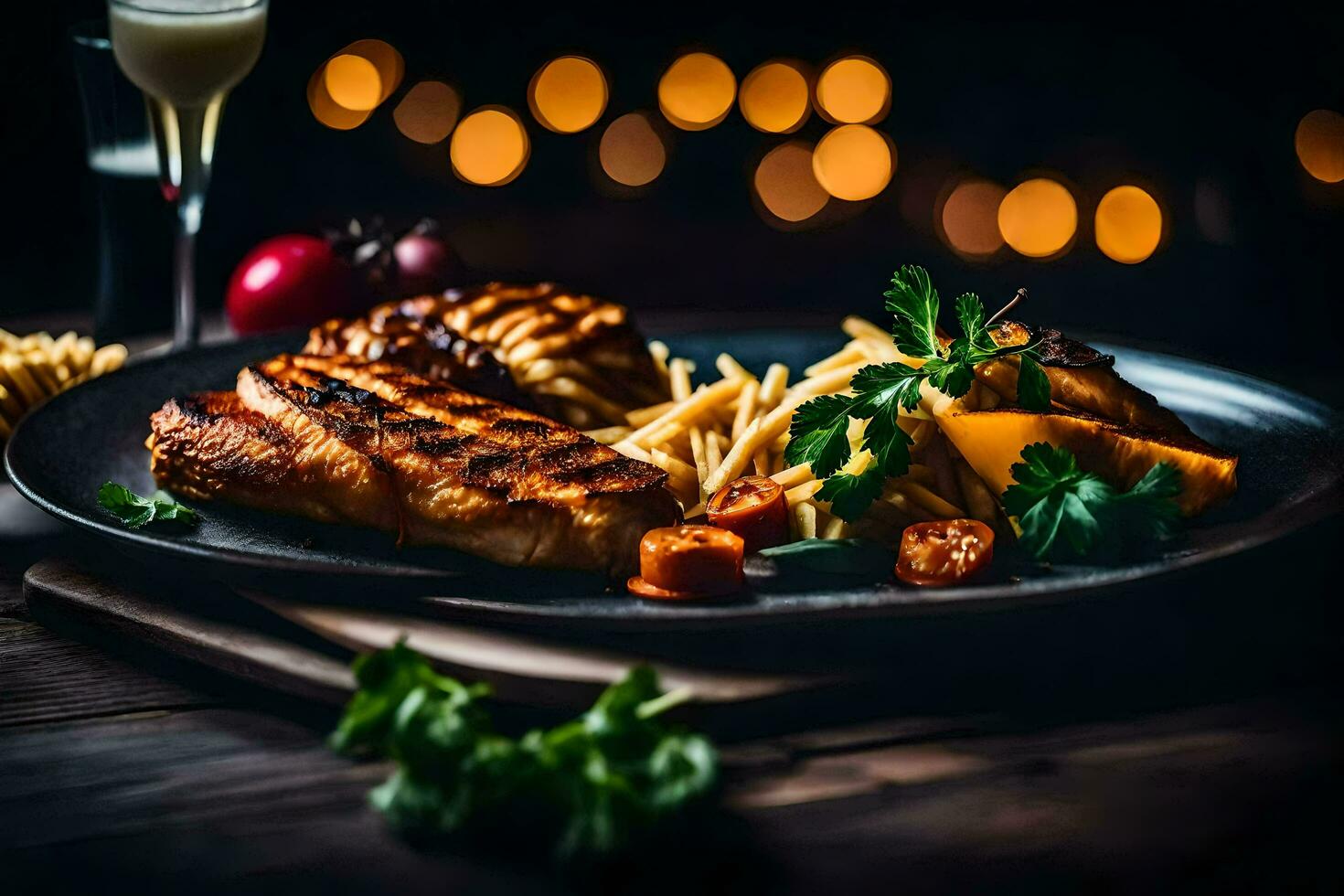 grilled chicken and french fries on a plate with a glass of wine. AI-Generated photo