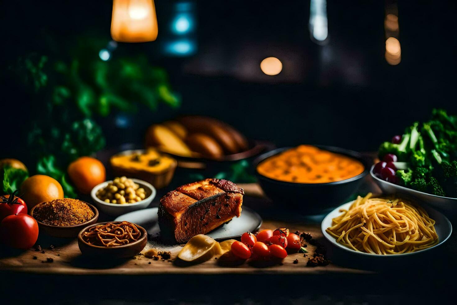 a table with various foods including pasta, vegetables and bread. AI-Generated photo