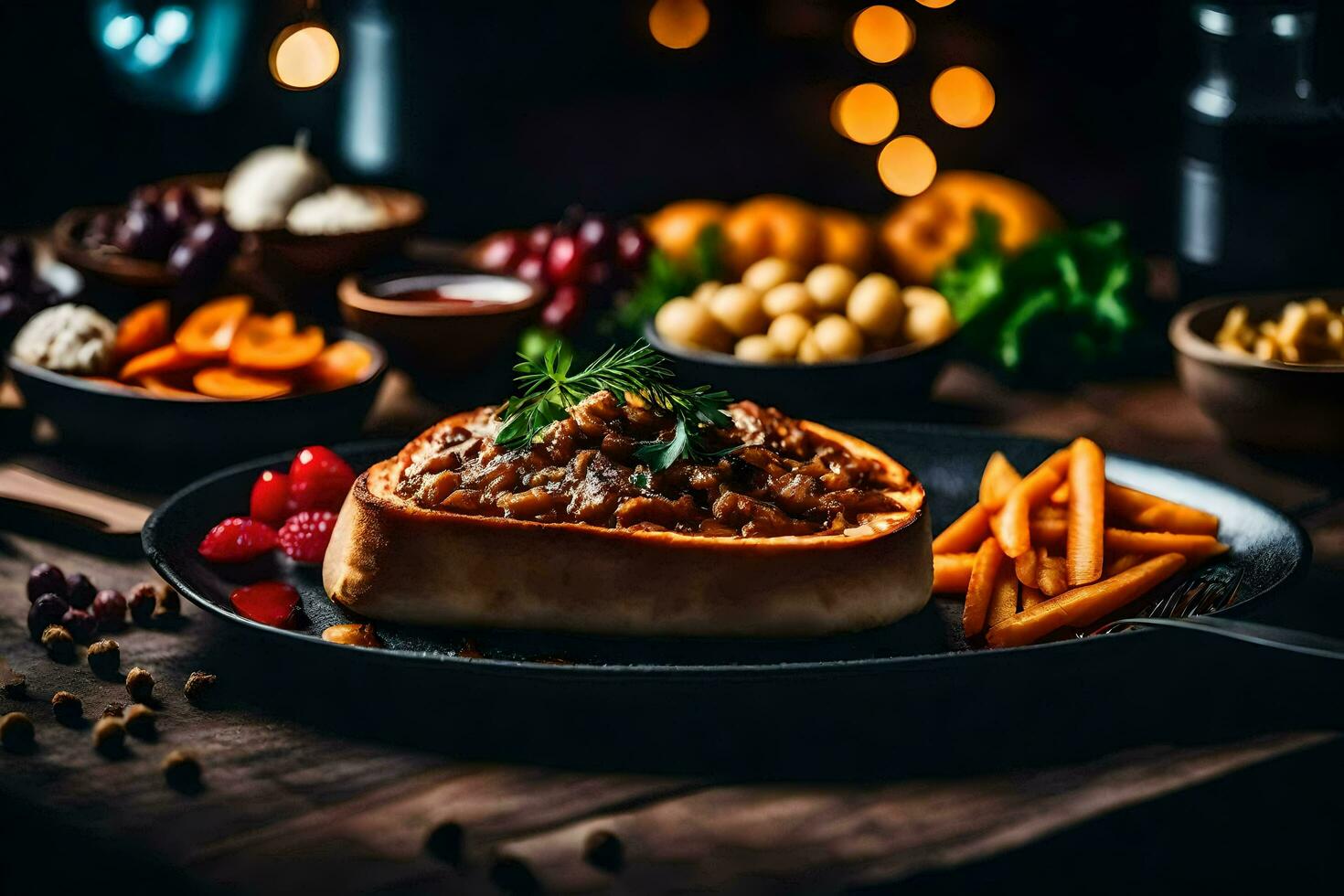 el comida es servido en un de madera mesa con un vela. generado por ai foto