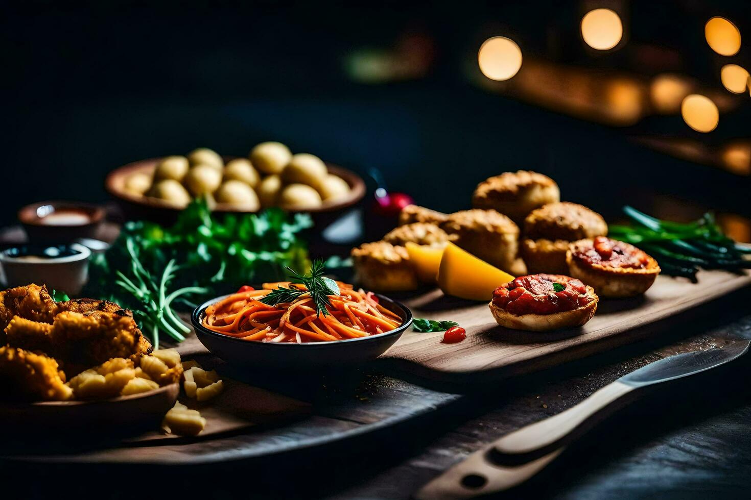 un mesa con comida y bebidas en él. generado por ai foto