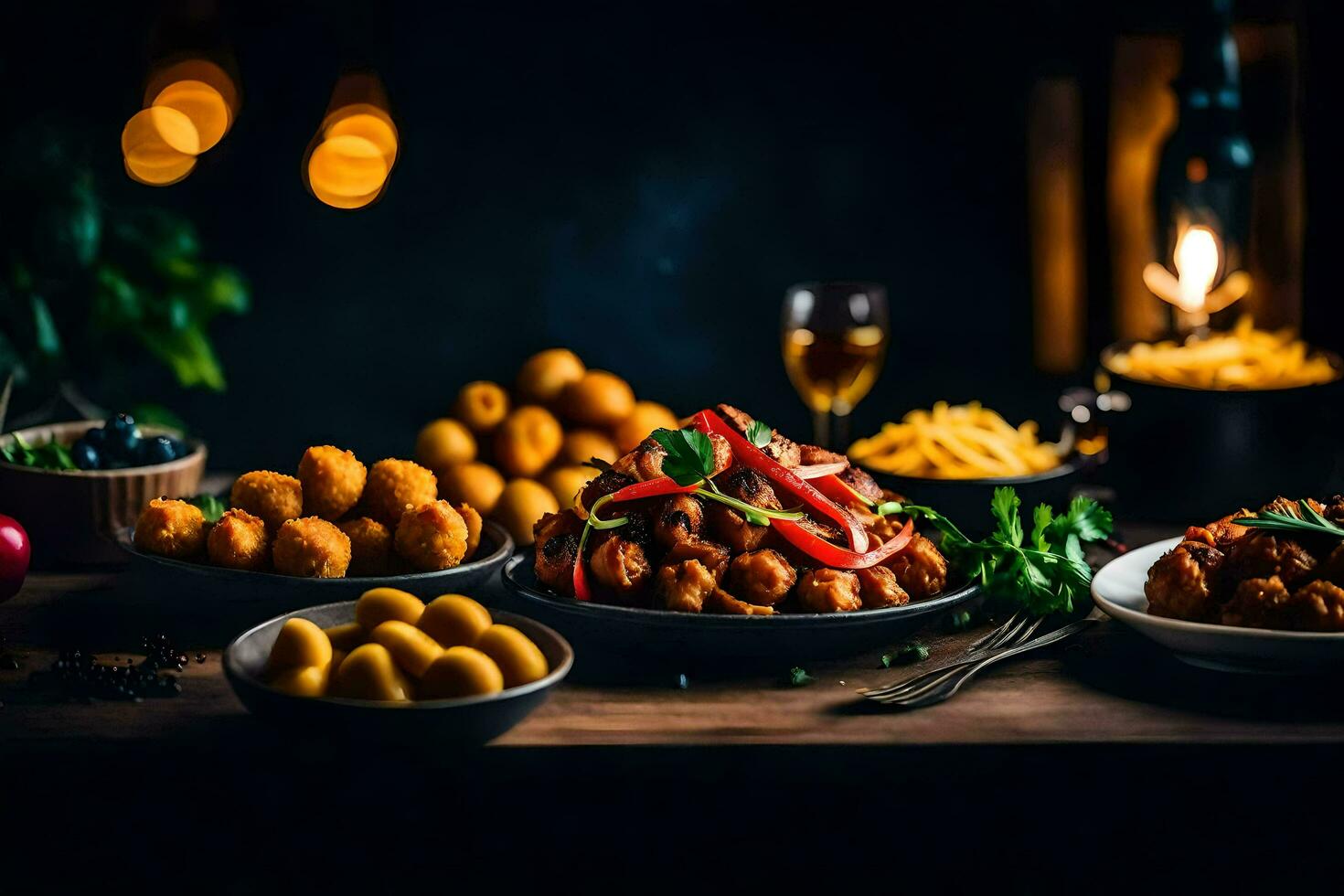 un mesa con comida y velas generado por ai foto