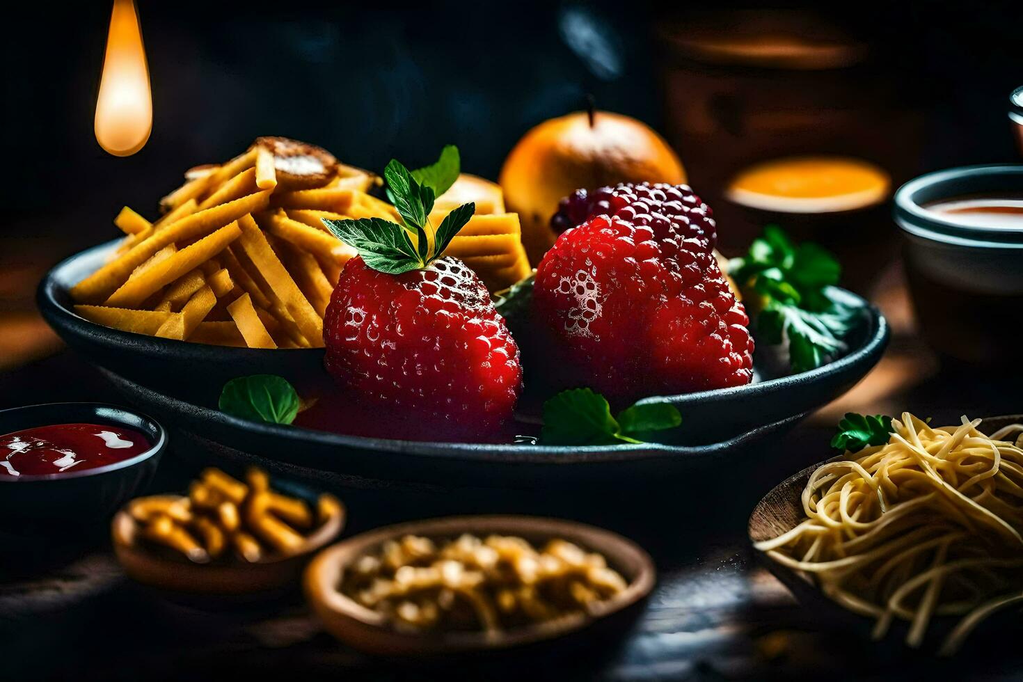 un plato de comida con fresas y papas fritas generado por ai foto