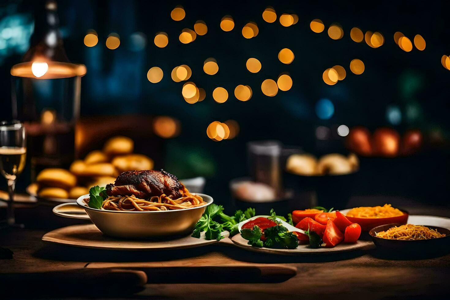 a table with food and wine on it. AI-Generated photo
