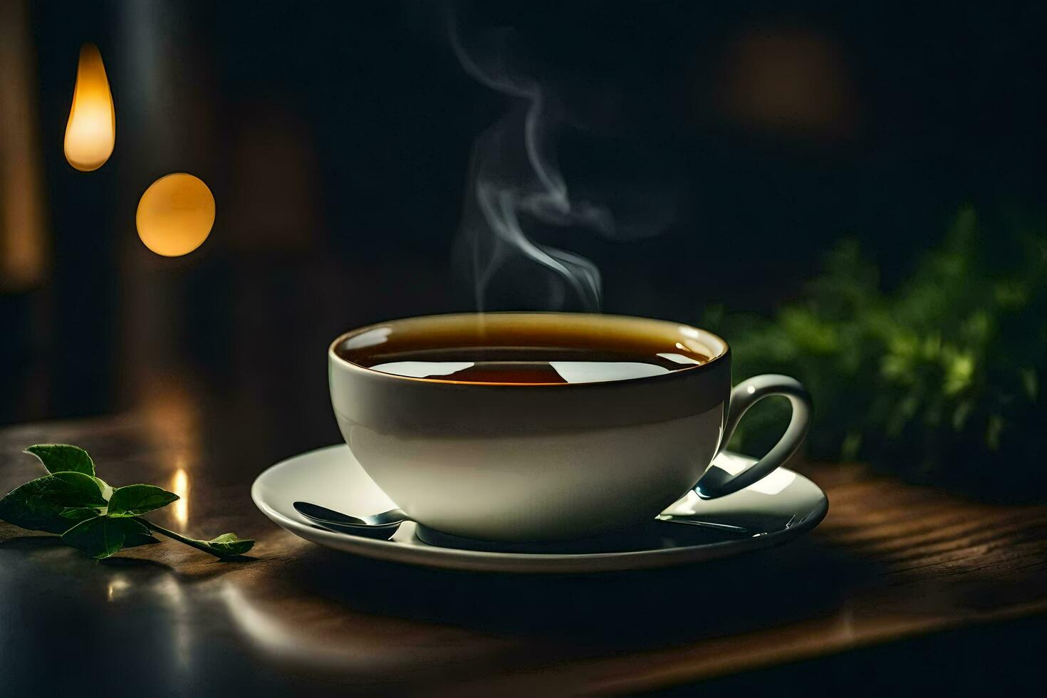 a cup of tea on a wooden table. AI-Generated photo