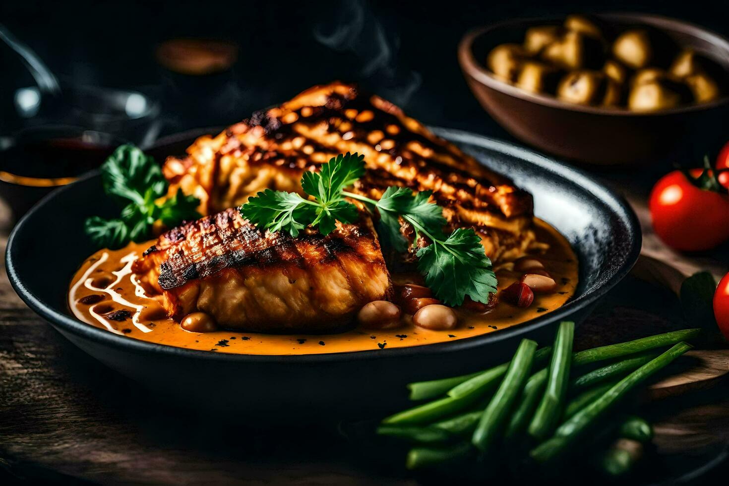 A la parrilla salmón con un salsa y vegetales en un lámina. generado por ai foto