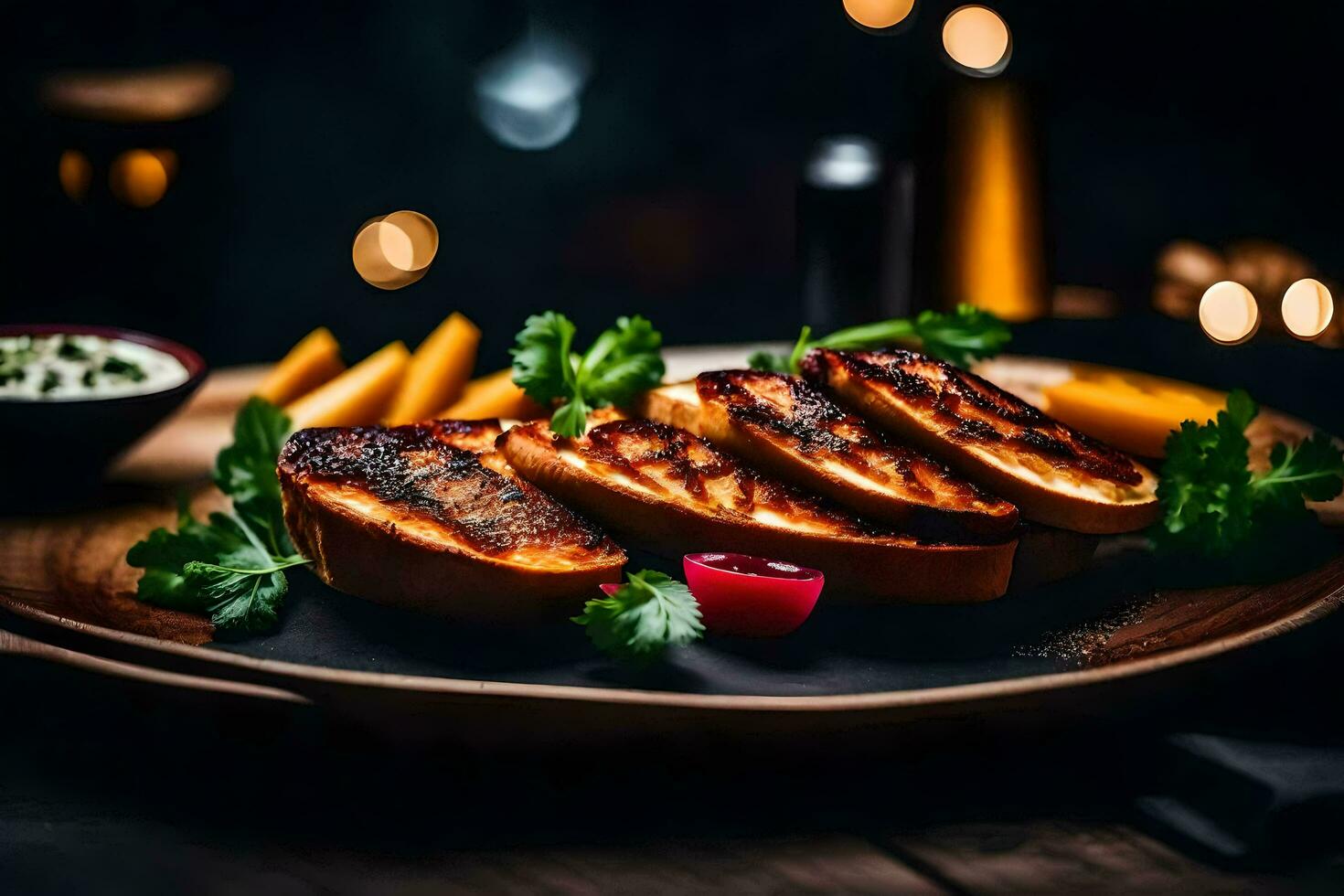 grilled bread with cheese and vegetables on a wooden plate. AI-Generated photo