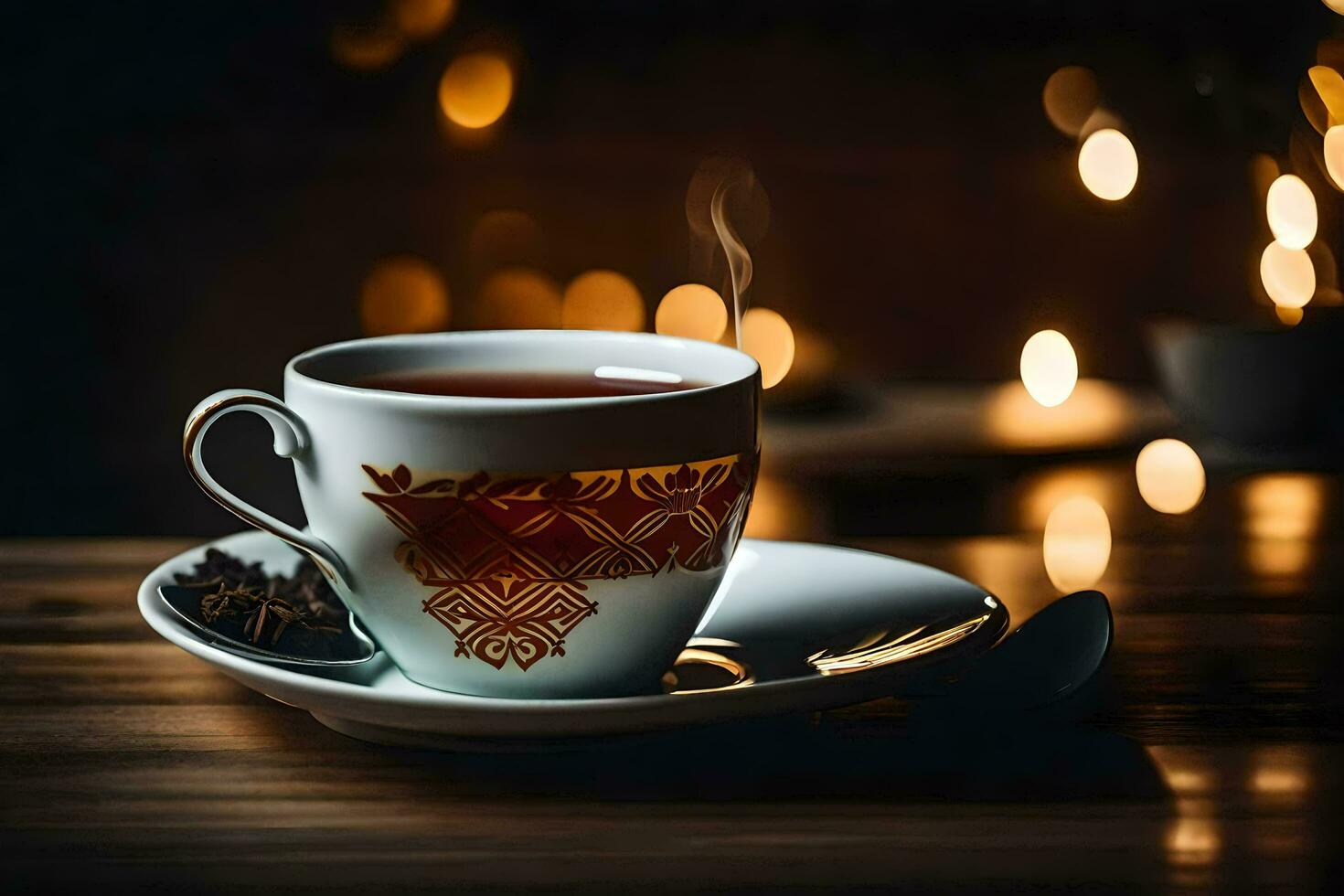 a cup of tea on a wooden table. AI-Generated photo