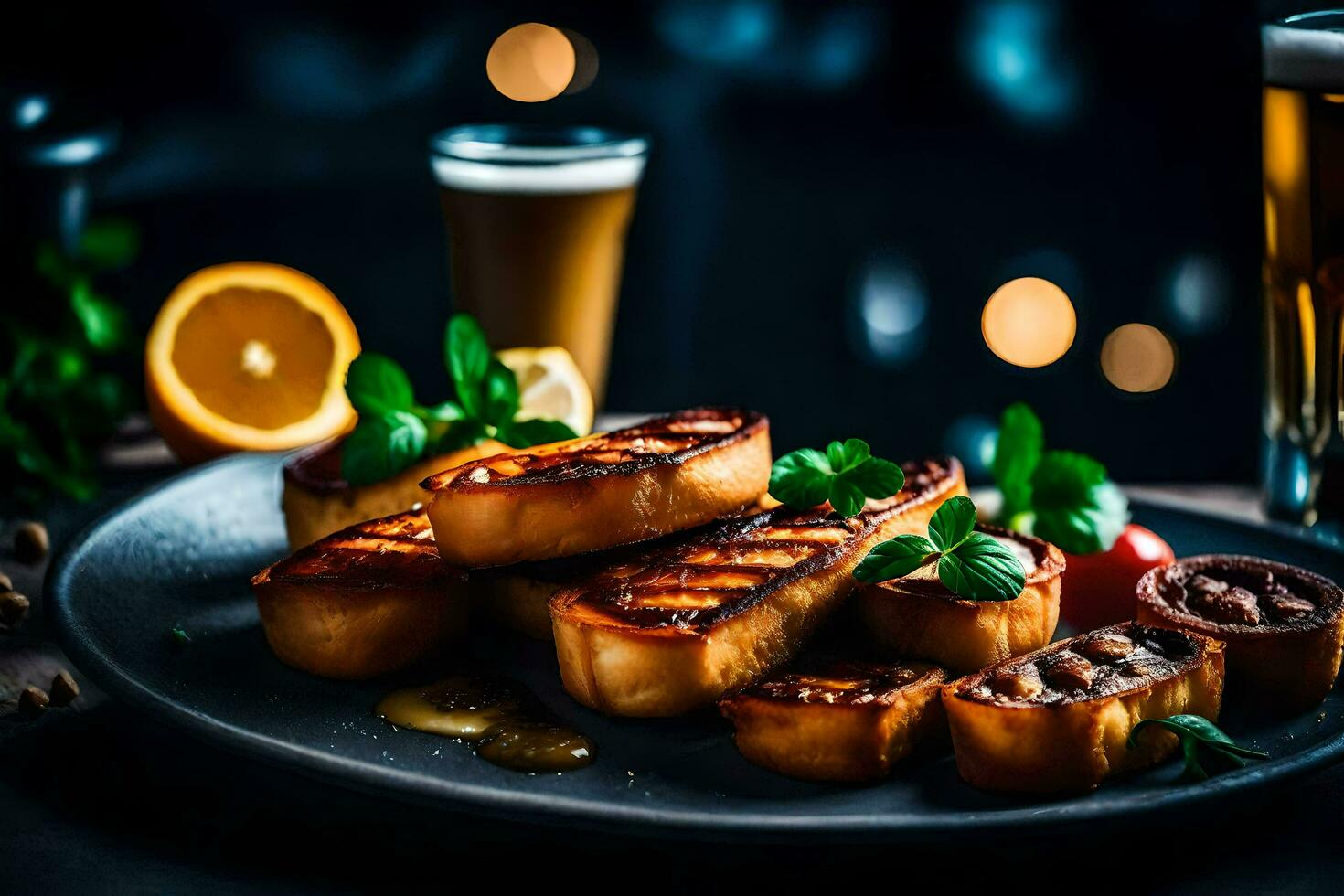 grilled bread with cheese and beer on a plate. AI-Generated photo