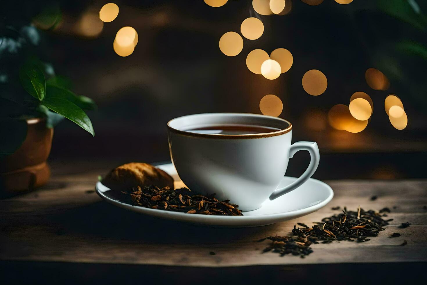 a cup of tea on a wooden table with a light background. AI-Generated photo