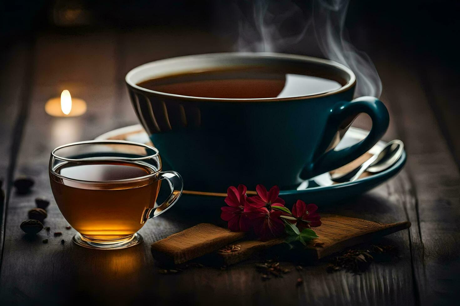 a cup of tea and a candle on a wooden table. AI-Generated photo