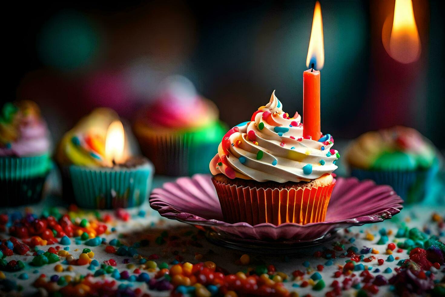 el cumpleaños vela es iluminado en un magdalena generado por ai foto
