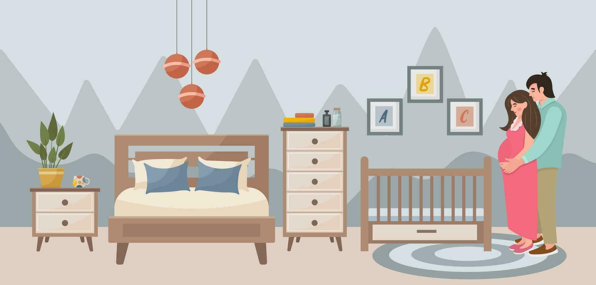Pregnant woman at the crib. Couple in love. Family concept. Cozy bedroom with a cot. Bedroom interior bed, carpet, lamp, crib, potted plants, paintings, bedside table. vector
