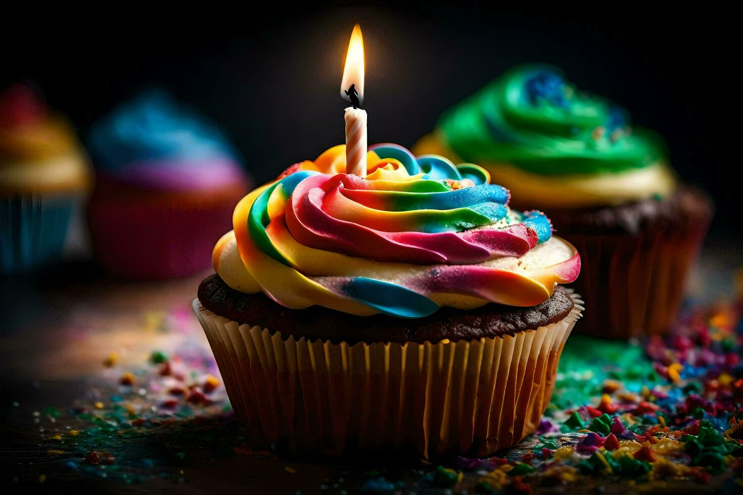 a cupcake with a single candle on top. AI-Generated photo