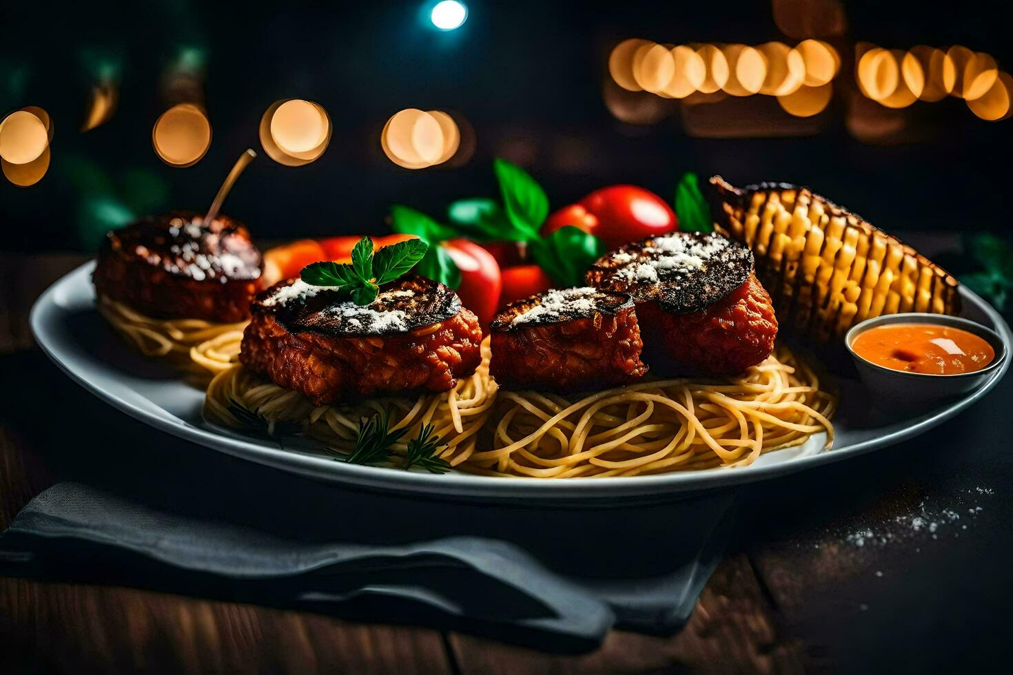 grilled meatballs on a plate with spaghetti. AI-Generated photo