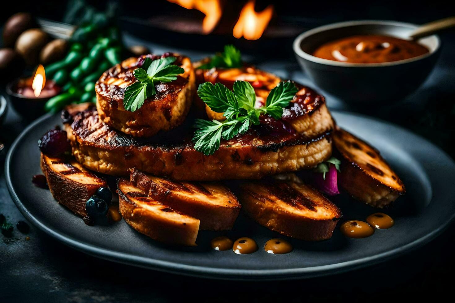 A la parrilla Cerdo labios con salsa y patatas en un lámina. generado por ai foto