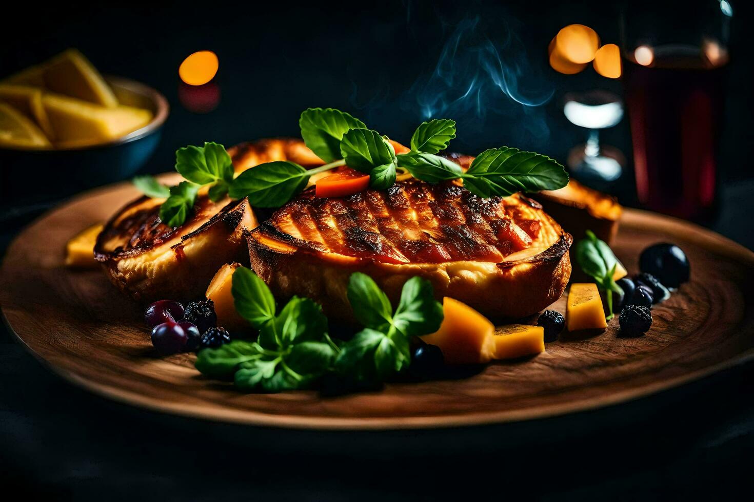 A la parrilla Cerdo labios en un de madera plato con vegetales. generado por ai foto