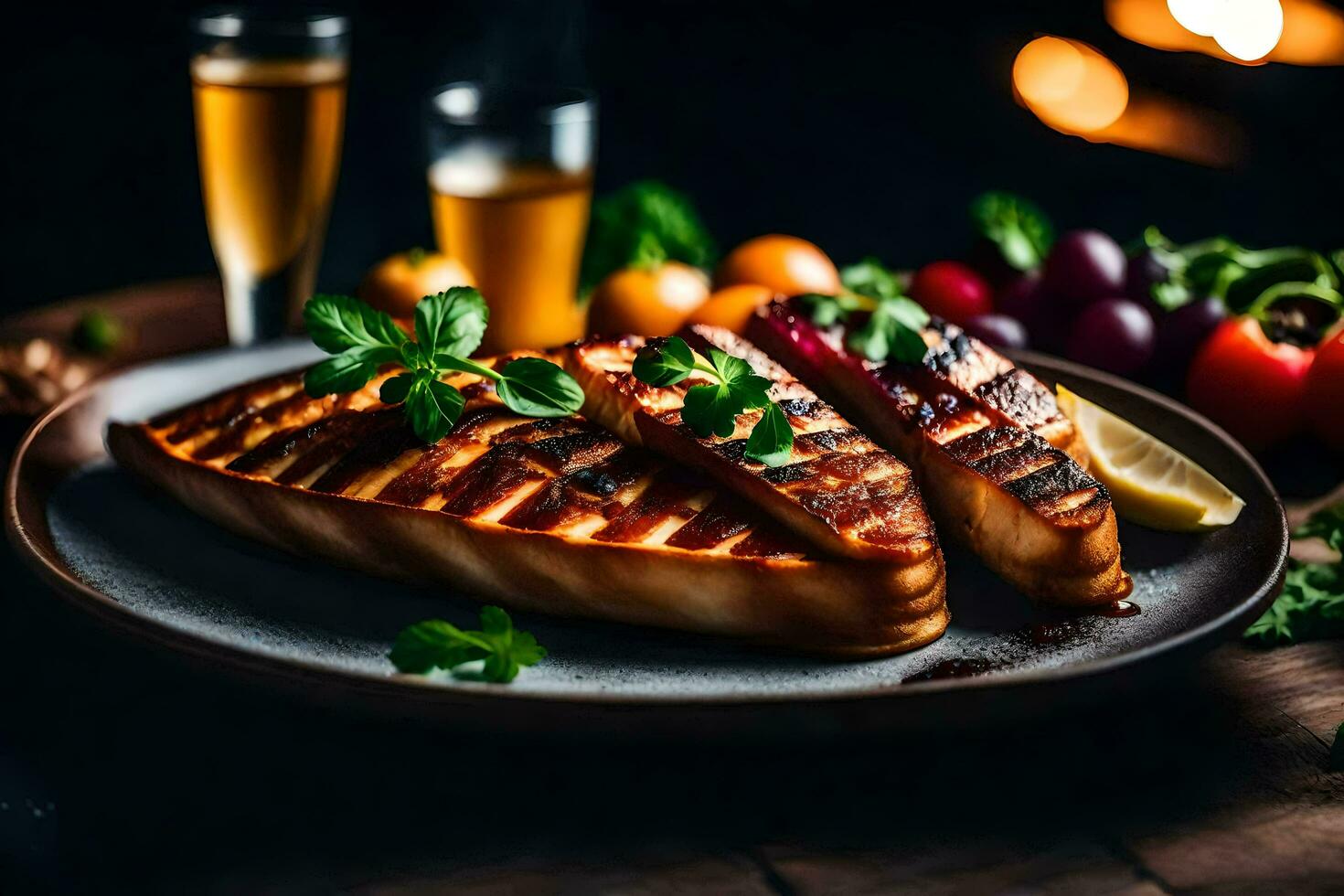 A la parrilla salmón en un plato con vegetales y vino. generado por ai foto