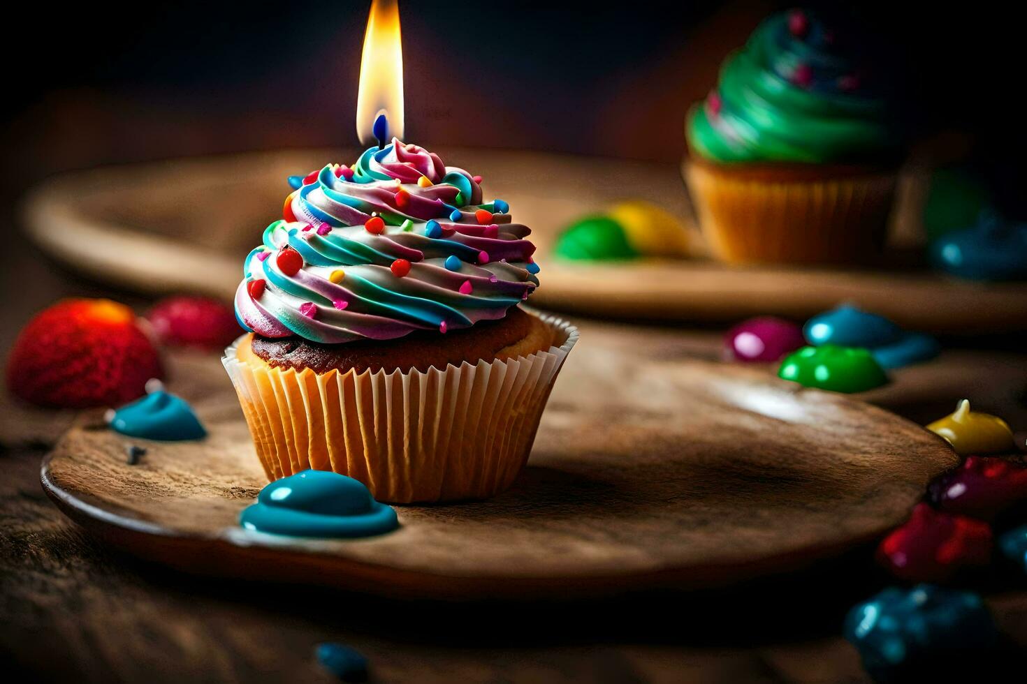 a cupcake with a candle on top of a wooden plate. AI-Generated photo