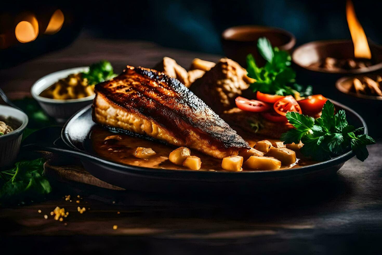 un plato de comida con pescado y frijoles. generado por ai foto