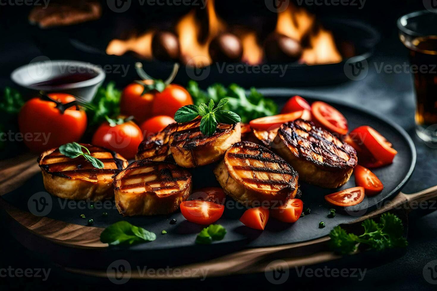 A la parrilla pollo y vegetales en un negro lámina. generado por ai foto