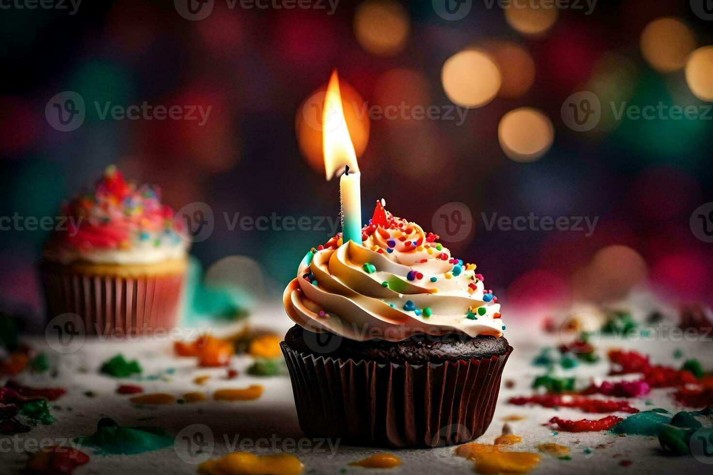 a cupcake with a lit candle on top. AI-Generated photo