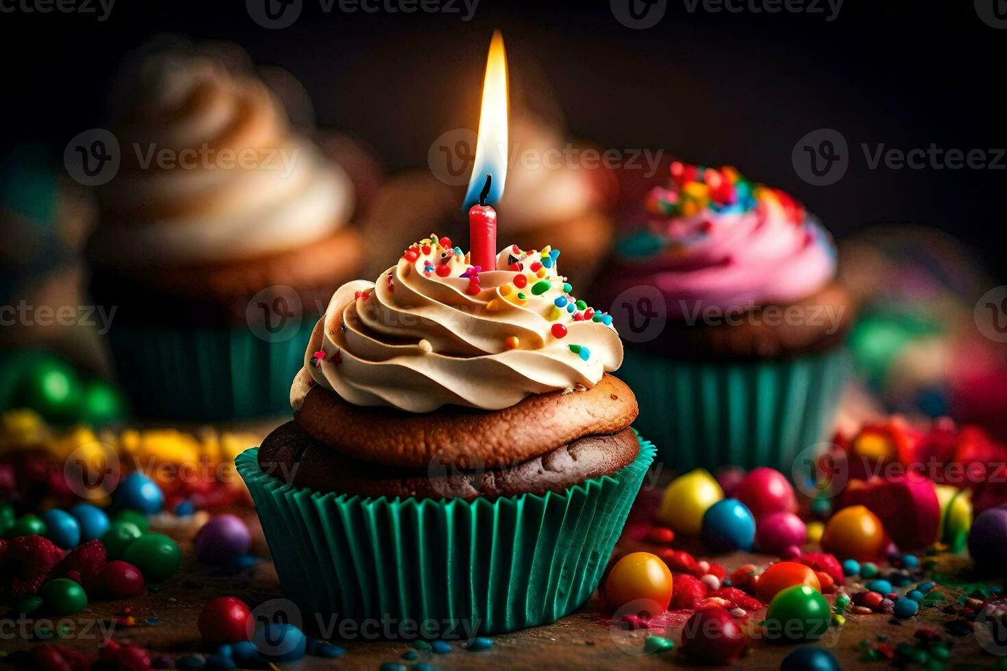 birthday cupcakes with a lit candle. AI-Generated photo