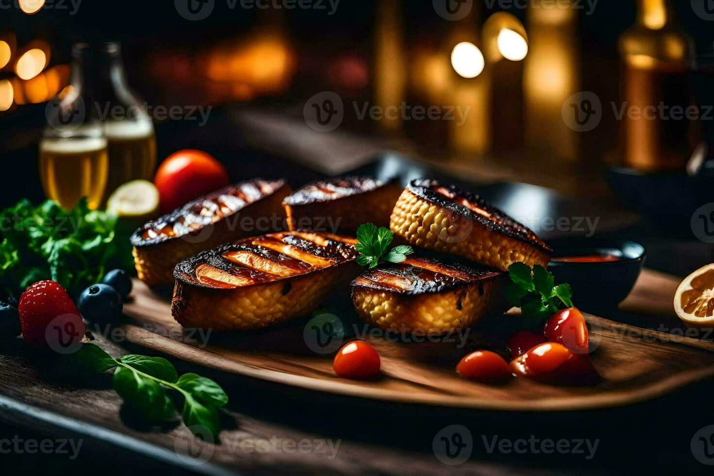 grilled fish on a wooden board with tomatoes and herbs. AI-Generated photo