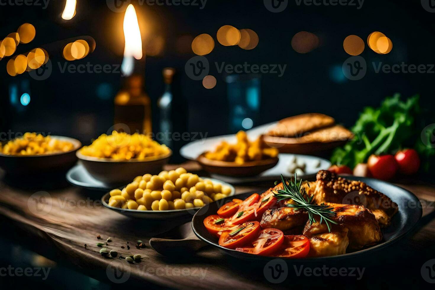 un mesa con comida y velas en él. generado por ai foto