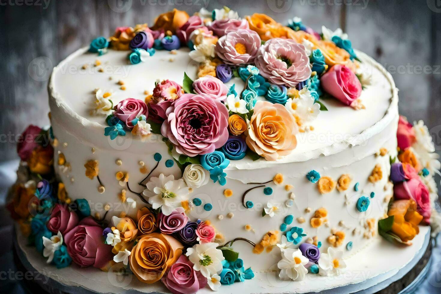 a cake decorated with colorful flowers on a wooden table. AI-Generated photo