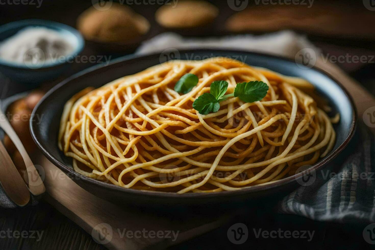 spaghetti in a bowl on a wooden table. AI-Generated photo