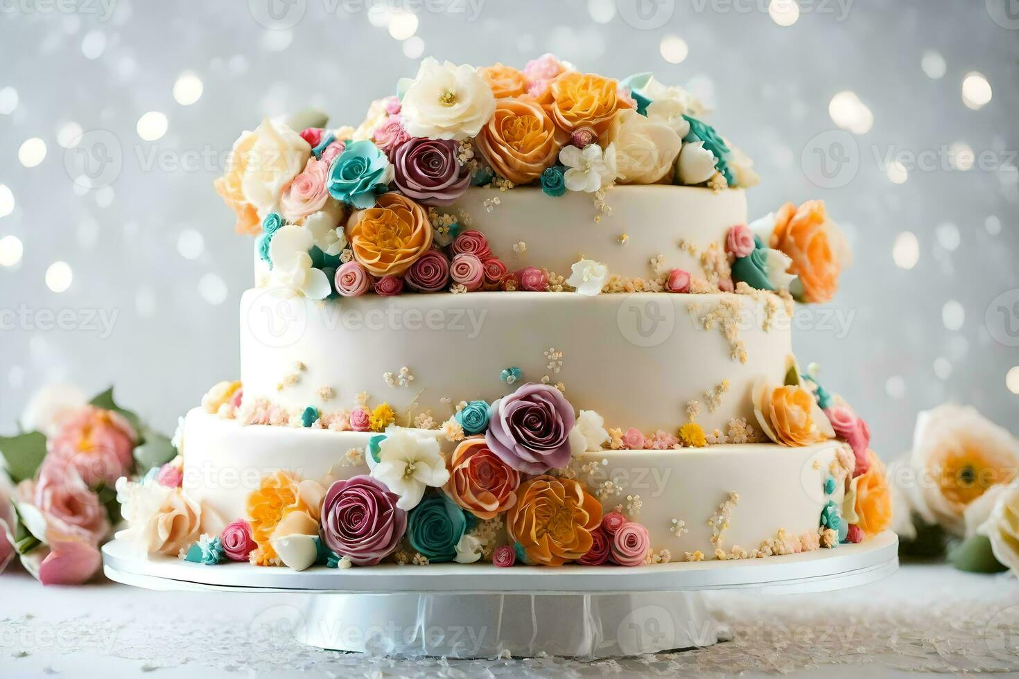 a three tiered cake with colorful flowers on top. AI-Generated photo