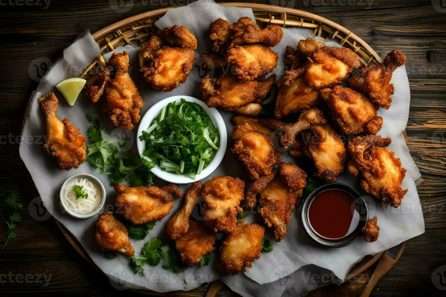 fried chicken wings with dipping sauce on a wooden table. AI-Generated photo